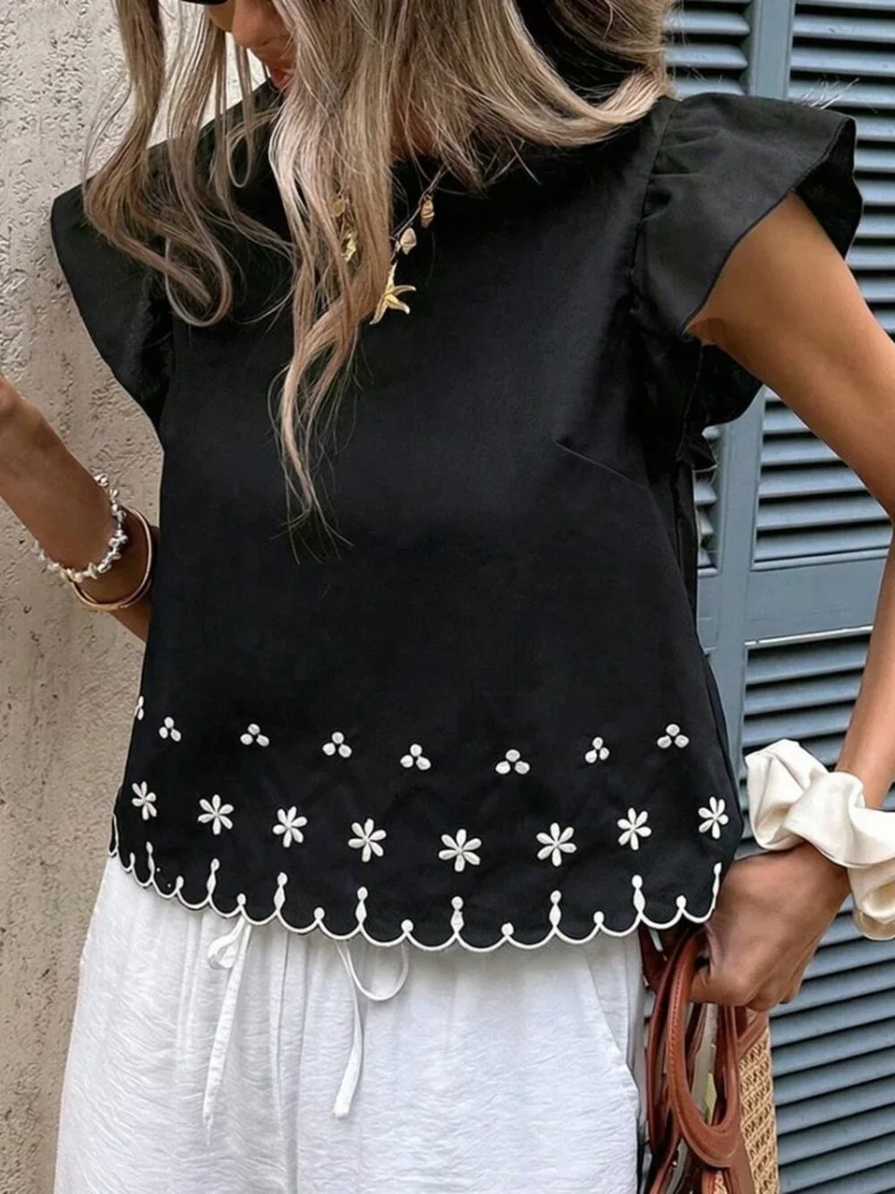 Black Casual Women's Ruffle Armhole Embroidered Shell Trim Loose Blouse Top